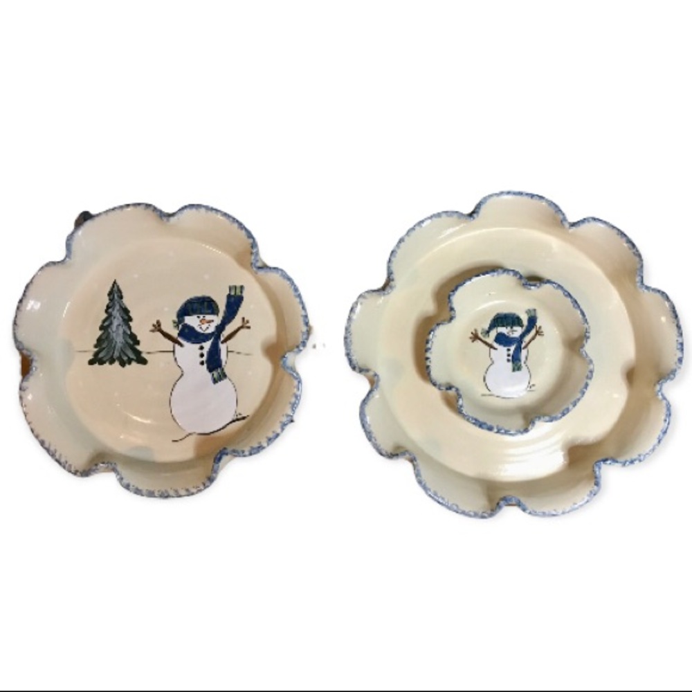 East Texas Pottery Set of 2 Snowman Deep Dish Pie Plate & Platter / Size 10”